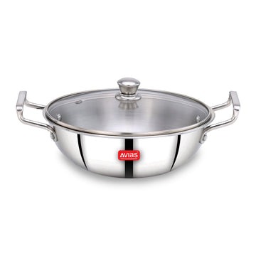 AVIAS Aspire Triply Kadai, Stainless Steel Kadhai with Glass Lid, 3 Layer, Steel Casted Handles, Flat Bottom Kadhai with Induction Base, 2.5 Mm Thickness, 1.5 Litre Capacity